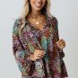 Multicolor Vibrant Floral Tie V Neck Puff Sleeve Blouse