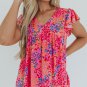 Red Leopard Print V Neck Flutter Sleeve Blouse