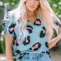 Sky Blue Ruched Short Sleeve Leopard Print Blouse