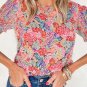 Multicolor Mix Floral Pattern Bubble Sleeve Blouse
