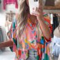 Multicolor Abstract Geometry Print Half Puff Sleeve Loose Shirt