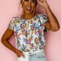 Sky Blue Floral Buttoned Round Neck Ruffled Sleeve Blouse