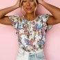 Sky Blue Floral Buttoned Round Neck Ruffled Sleeve Blouse