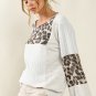 White Leopard Patch Puff Sleeve Textured Blouse