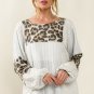 White Leopard Patch Puff Sleeve Textured Blouse