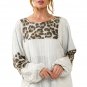 White Leopard Patch Puff Sleeve Textured Blouse