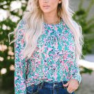 Green Floral Pleated Round Neck Long Sleeve Blouse