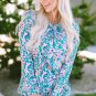 Green Floral Pleated Round Neck Long Sleeve Blouse