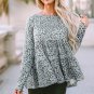 Leopard Print Long Sleeve Ruffled Babydoll Blouse