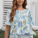 Sky Blue Paisley Print Wide Sleeves Loose Blouse