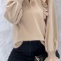 Khaki Ruffled Lace up Bubble Sleeve Blouse