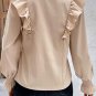 Khaki Ruffled Lace up Bubble Sleeve Blouse