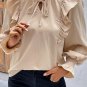 Khaki Ruffled Lace up Bubble Sleeve Blouse