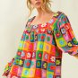Multicolor Floral Crochet Square Neck Puff Sleeve Blouse