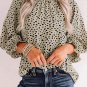 Khaki Frilled Neck 3/4 Sleeves Cheetah Blouse