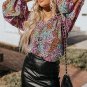 Multicolor Vibrant Floral Tie V Neck Puff Sleeve Blouse
