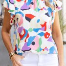 Multicolor Abstract Print Ruffle Sleeve Smocked Blouse