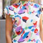 Multicolor Abstract Print Ruffle Sleeve Smocked Blouse
