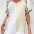 White Distressed Color Patchwork Leopard Trim Blouse