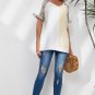 White Distressed Color Patchwork Leopard Trim Blouse