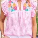 Pink Floral Embroidered Check Ruffle Flutter Sleeves Blouse