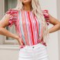 Stripe Abstract Print Stitching Ruffle Sleeve Blouse