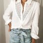 White Floral Lace Hollow out Splicing Crinkled Shirt