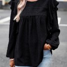 Black Lace Eyelet Ruffle Shoulder Long Sleeve Blouse