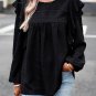 Black Lace Eyelet Ruffle Shoulder Long Sleeve Blouse