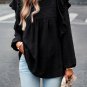 Black Lace Eyelet Ruffle Shoulder Long Sleeve Blouse