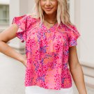 Fiery Red Leopard Print V Neck Flutter Sleeve Blouse