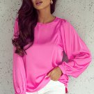 Pink Satin Puff Long Sleeve Crewneck Blouse