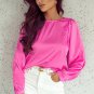 Pink Satin Puff Long Sleeve Crewneck Blouse