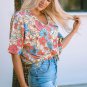 Multicolor Floral Print V Neck Half Sleeve Blouse