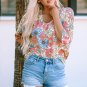 Multicolor Floral Print V Neck Half Sleeve Blouse