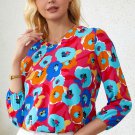 Rose Multicolor Floral Print V Neck 3/4 Sleeve Blouse