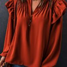 Orange Ruffled Pleated Buttoned V Neck Blouse
