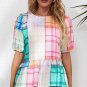 Multicolor Bold Plaid Color Block Puff Sleeve Peplum Top