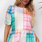 Multicolor Bold Plaid Color Block Puff Sleeve Peplum Top
