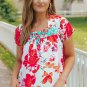 Fiery Red Floral Printed Square Neck Blouse