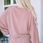 Pink One-Shoulder Balloon Sleeve Ribbed Blouse