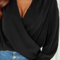 Black Solid Surplice Neck Shirred Cuffs Draped Blouse