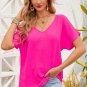Rose Solid V Neck Short Sleeve Blouse