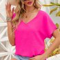 Rose Solid V Neck Short Sleeve Blouse