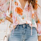 Multicolor Abstract Print Split Neck Puff Sleeve Blouse