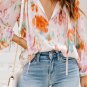 Multicolor Abstract Print Split Neck Puff Sleeve Blouse