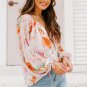 Multicolor Abstract Print Split Neck Puff Sleeve Blouse