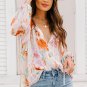Multicolor Abstract Print Split Neck Puff Sleeve Blouse