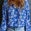 Blue Floral Notched V Neck Long Sleeve Blouse