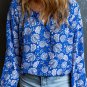 Blue Floral Notched V Neck Long Sleeve Blouse